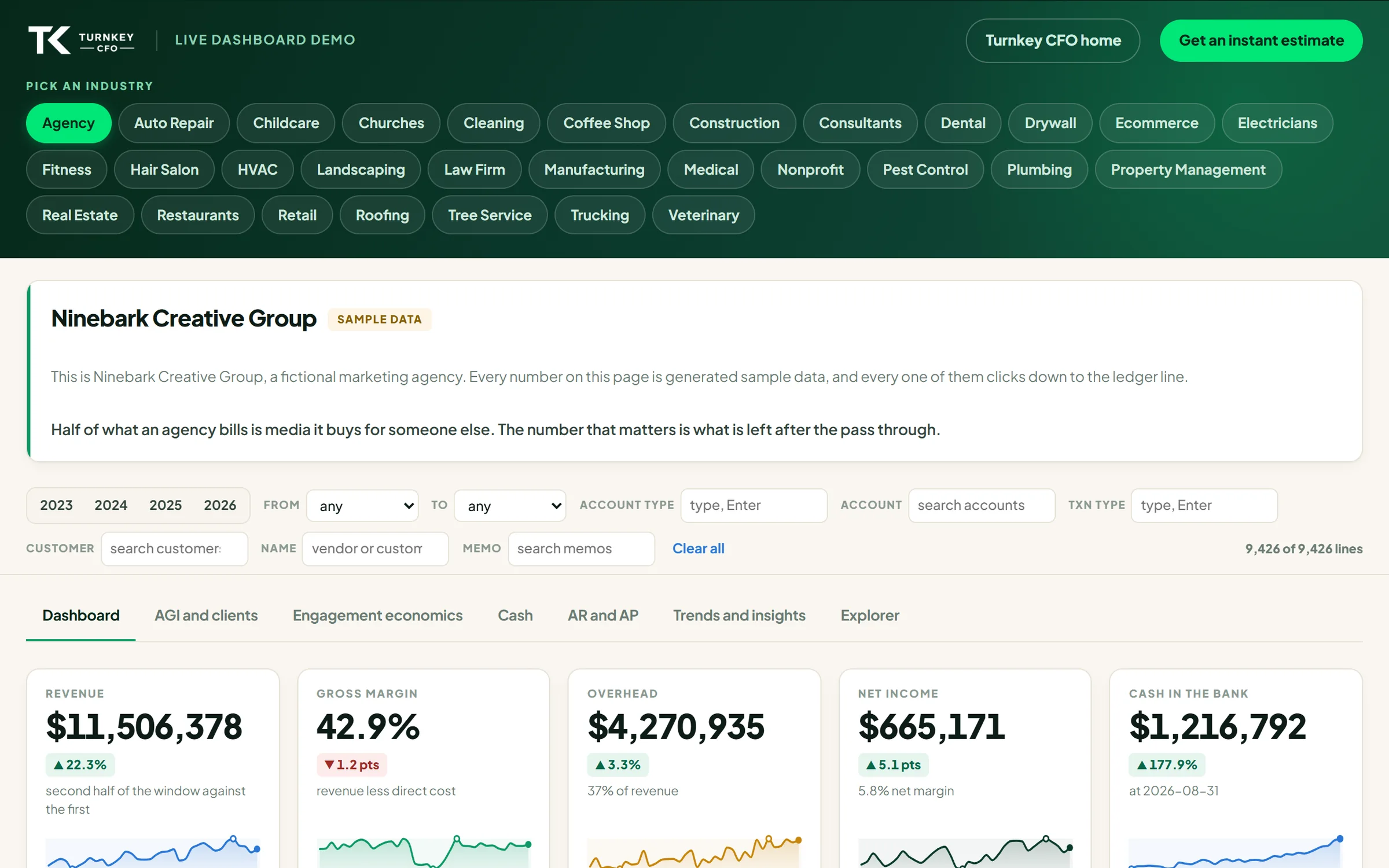 Client financial dashboard screen from a Turnkey build, shown with sample data for a fictional company
