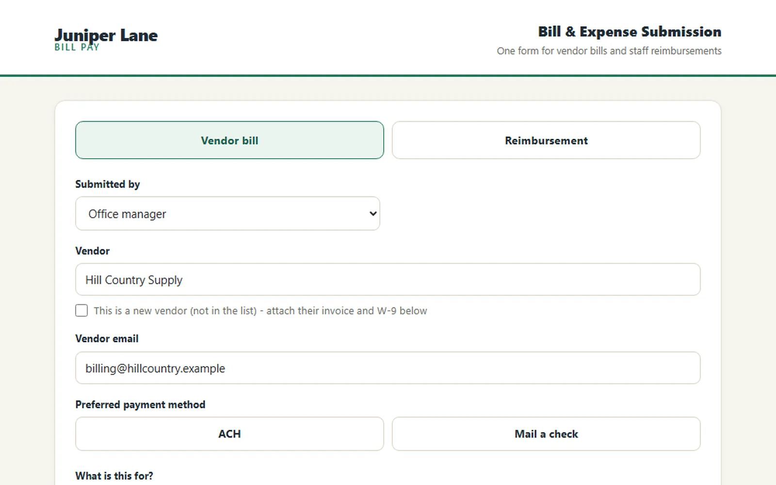 Bill pay portal screen from a Turnkey build, shown with sample data for a fictional company