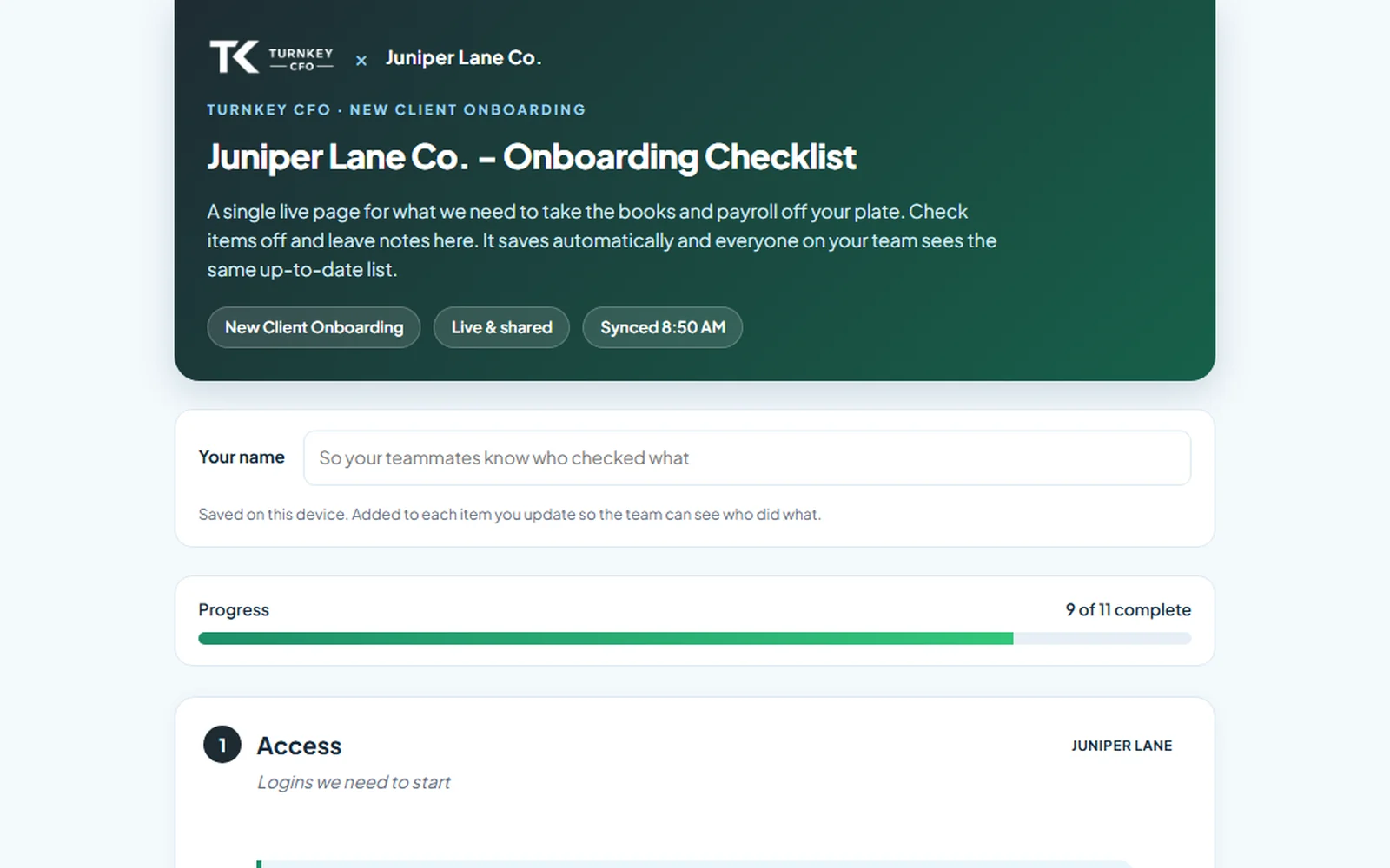 Onboarding checklist screen from the Turnkey onboarding checklist, shown with sample data for a fictional company